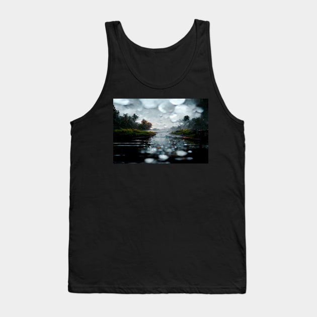 Foggy Lake Falling Raindrops On A Rainy Autumn Day Tank Top by Unwind-Art-Work